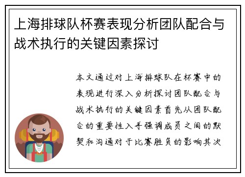 上海排球队杯赛表现分析团队配合与战术执行的关键因素探讨